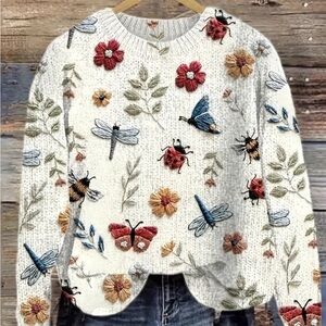 Floral and Insect Embroidered Sweater